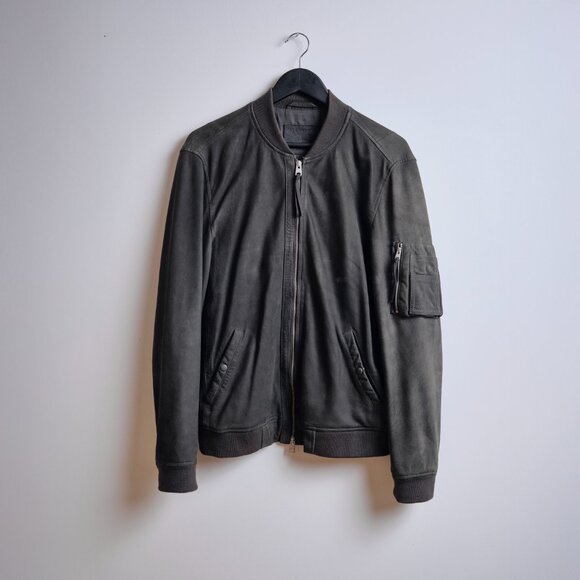 All Saints Soft Lambskin Leather Bomber Jacket - Charcoal / Large - Picture 1 of 7